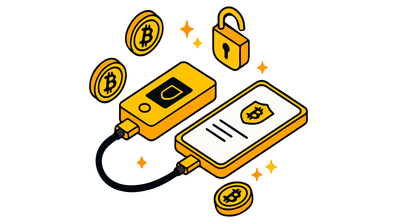 Dispositivo de billetera hardware conectado a un celular con saldo en Bitcoin